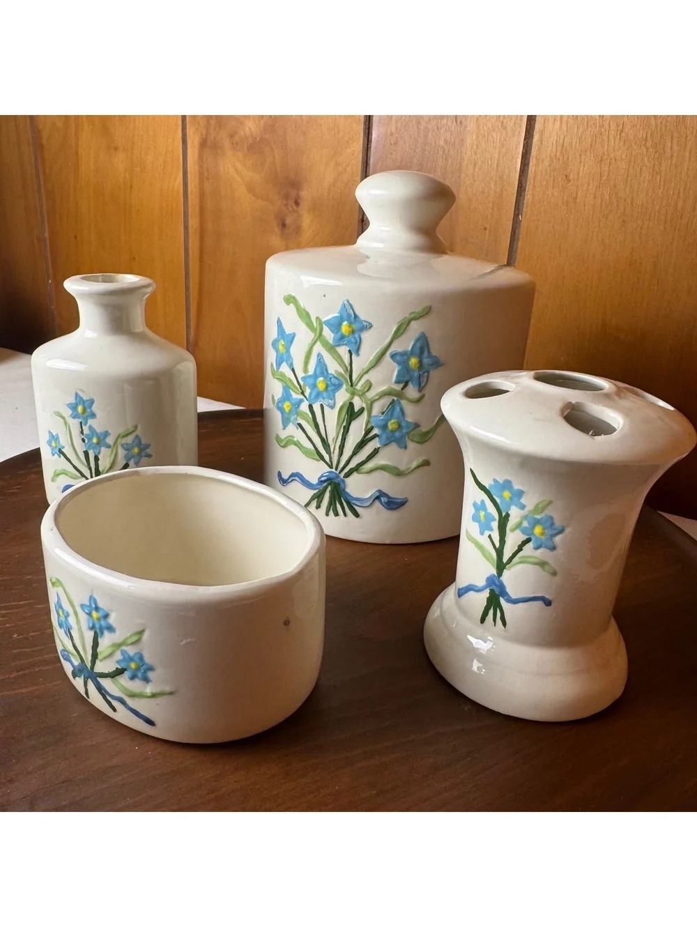 Vintage 1979 Ceramic Bathroom Set Blue Floral Handmade 4 Piece Vanity Décor